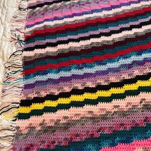 Handmade Multicolor Crochet Afghan Blanket 
Fringe Wave Pattern Boho 70’s Vibe